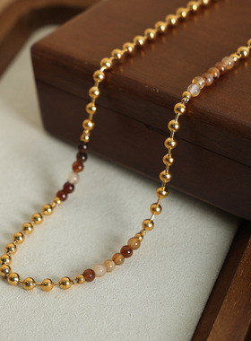 新中式混搭天然石圆珠串珠手工项链钛钢18k金西太后百搭气质饰品