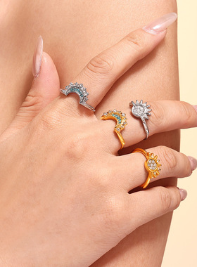 欧美跨境日月同辉锆石戒指ins风小众超细开口调节钛钢闪耀食指戒