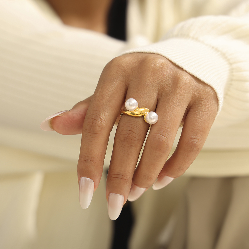 法式复古几何仿珍珠不规则开口戒指钛钢镀18k真金小众ins风设计女