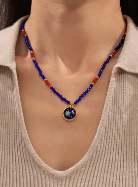 欧美跨境蓝红色水晶石手工编织项链青金蓝星空彩釉钛钢吊坠配饰女