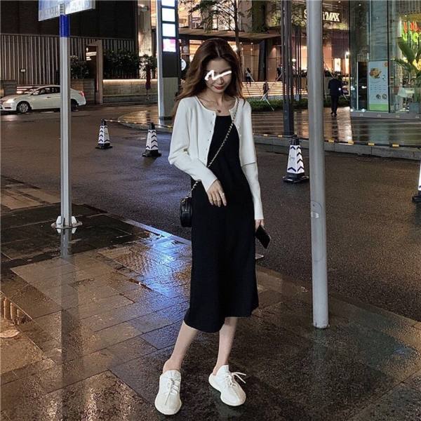 设计感小众黑色吊带连衣裙夏季新款港味修身小个子外穿裙子两件套