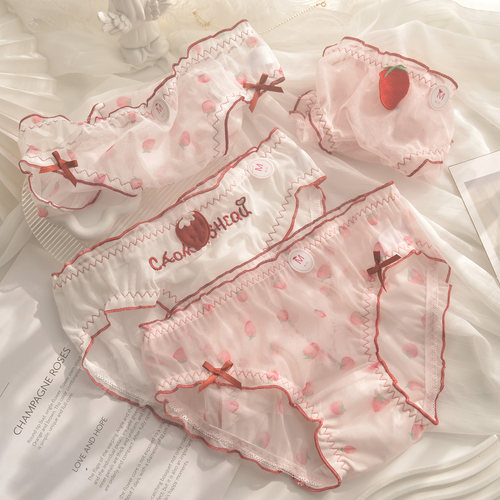 4条装纯欲风性感甜美可爱草莓蕾丝女内裤薄款网纱透气少女三角裤