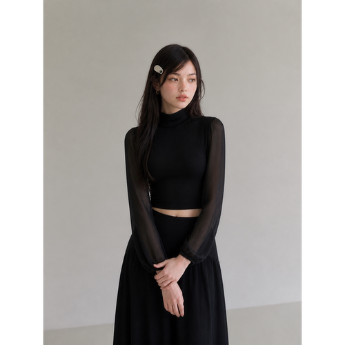 秋冬纯欲御姐风网纱灯笼袖t恤女