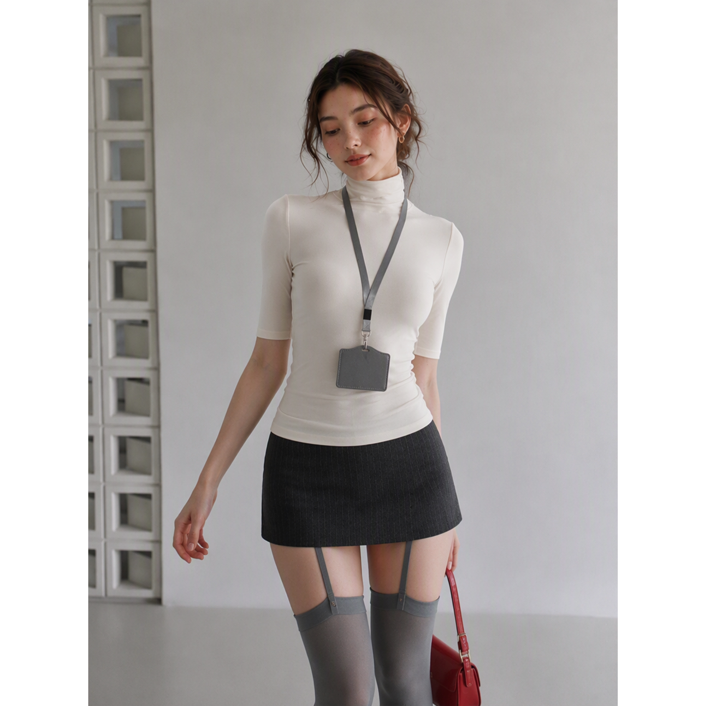 法式纯色简约气质中袖半高领t恤女夏季新款修身显瘦纯欲辣妹上衣