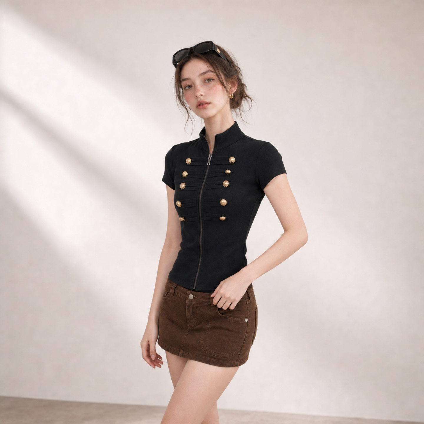 夏季复古立领短袖显瘦女T恤图片