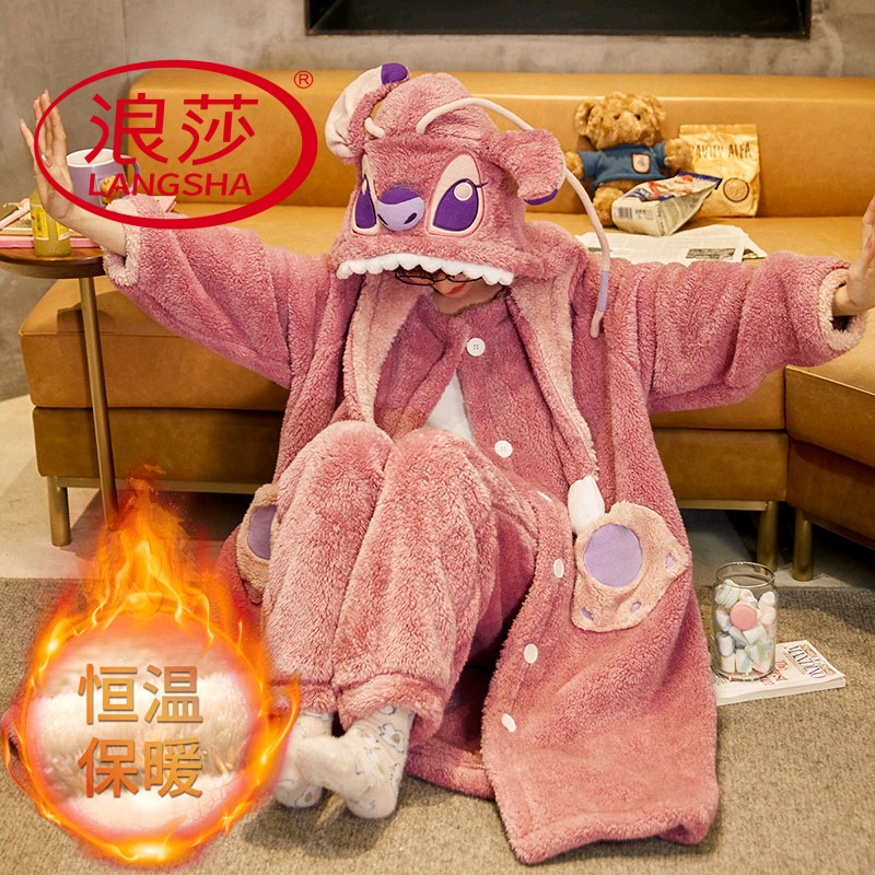 浪莎珊瑚绒睡衣女秋冬季连体睡袍