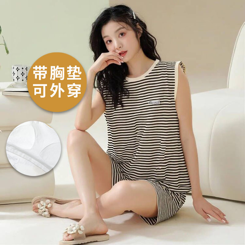 浪莎带胸垫睡衣女夏季无袖背心短裤韩范家居服纯棉可外穿两件套装