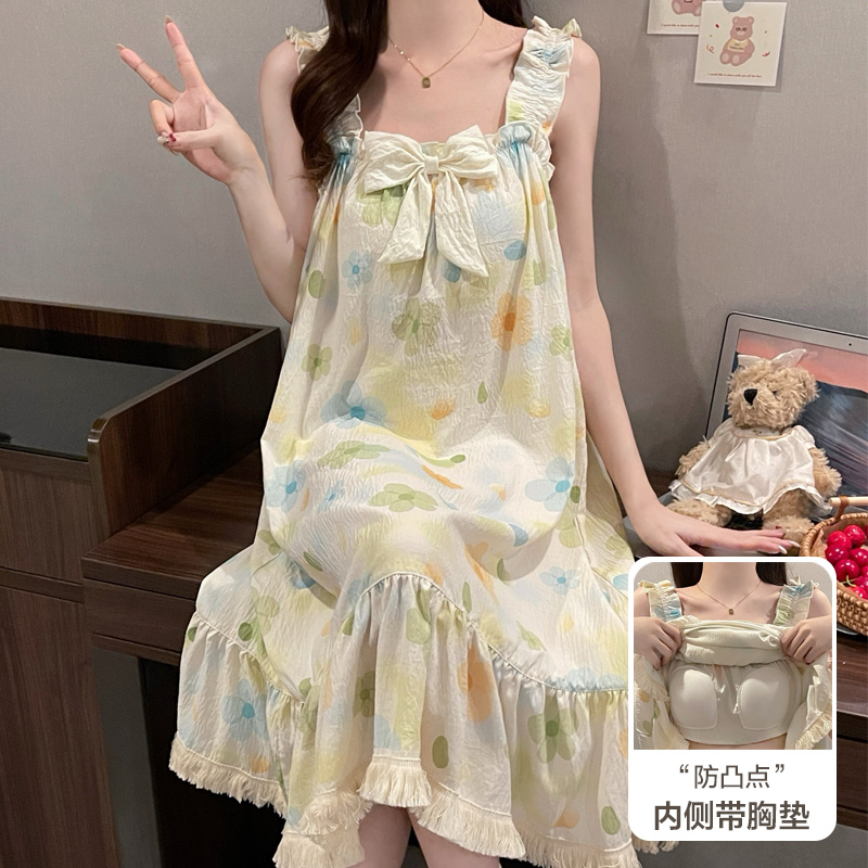 浪莎纯棉带胸垫睡裙女夏季吊带背心韩范薄款可外穿家居服2025新款