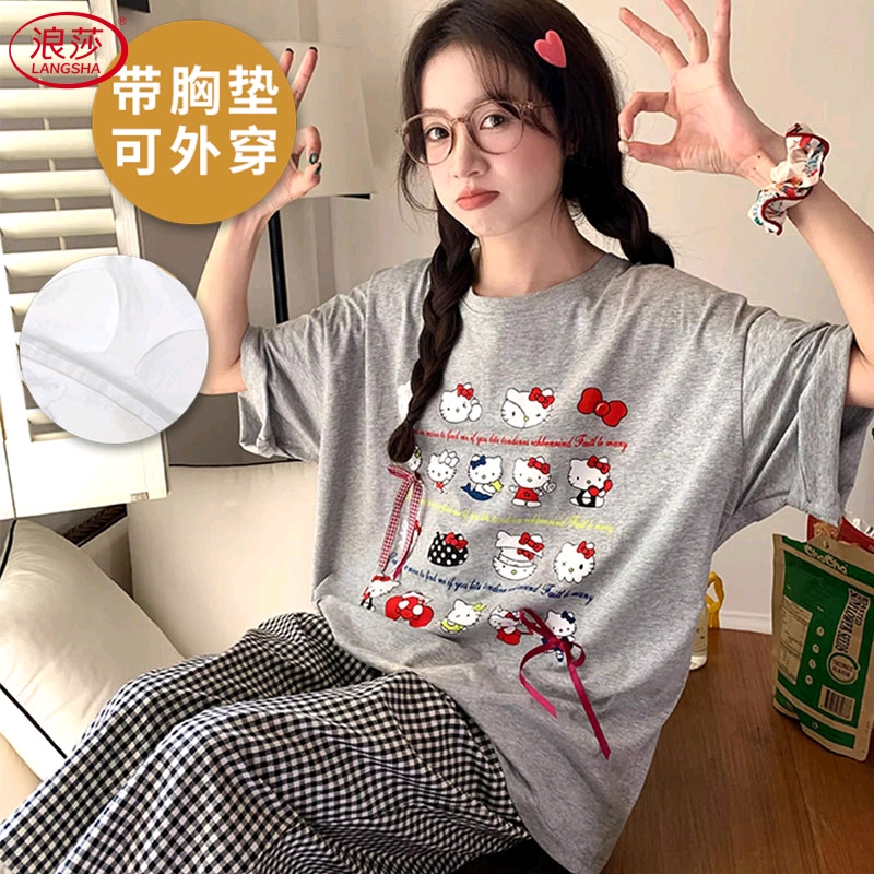 带胸垫睡衣女夏季纯棉短袖可外穿