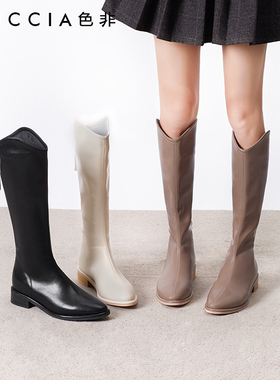 色非冬新款靴子秋款女尖头黑色V口高筒靴粗跟西部牛仔靴D343I