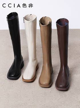 色非白色长靴秋冬季靴子女骑士靴不过膝加绒长筒靴D393