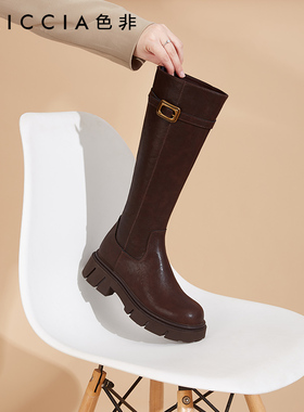 色非皮带扣厚底长筒靴冬季复古显瘦显高过膝高筒靴骑士靴D721