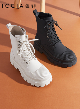 色非马丁靴女秋冬高帮鞋厚底增高圆头粗跟黑色休闲鞋单靴D554