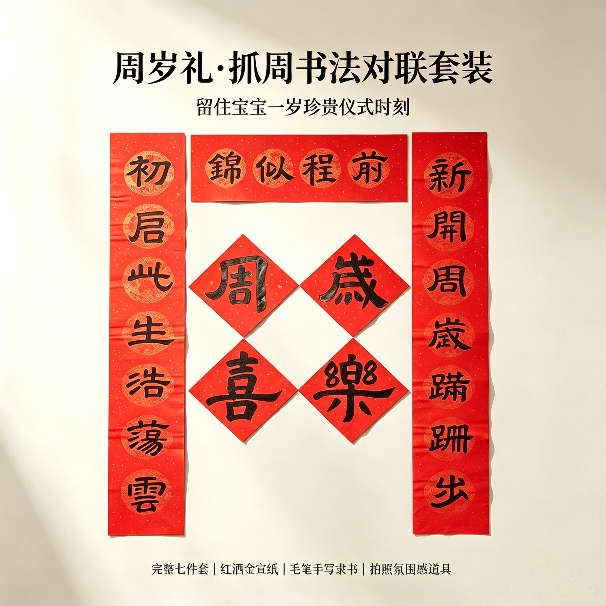 手写书法周岁礼对联套装宝宝抓周背景墙装饰洒金红宣纸横批斗方