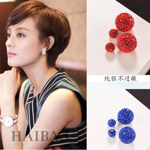 925纯银耳针前后双面耳环大小球耳饰品水晶钻球耳钉欧美名媛气质