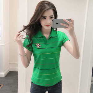 夏季新款t恤短袖有领polo衫女条纹妈妈装保罗领网眼棉质中年上衣