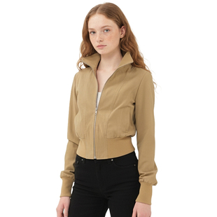 BM截短夹克外套 上衣新 美拉德风复古卡其色拉链拼接立领收腰工装