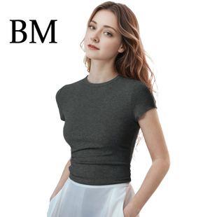 BM正肩短袖T恤基础百搭款纯色修身显瘦高级气质老钱风弹力上衣女