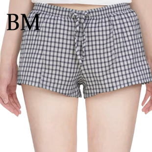 格子抽绳系带松紧腰显瘦百搭显腿长舒适清凉热裤 BM辣妹短裤 美式