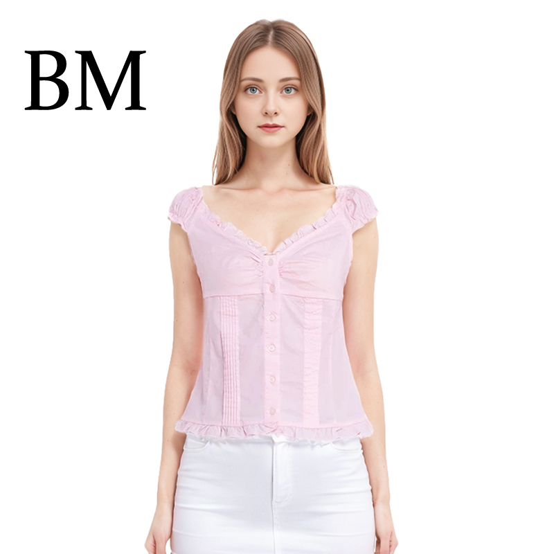 BM粉色木耳边短袖衬衫上衣