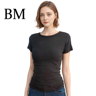BM黑色修身短袖 fitcheck极简风圆领短袖显瘦弹力基础百搭T恤上衣