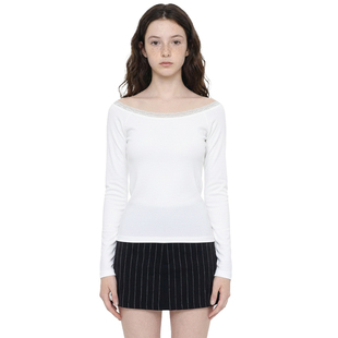 一字领蕾丝拼接上衣大圆领柔软棉打底衫 纯欲风白色长袖 T恤 BM长袖