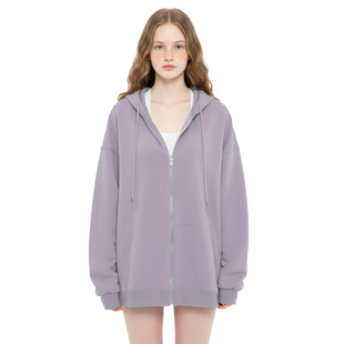 宽松显瘦拉链卫衣开衫 休闲香芋紫色连帽中长款 新 美式 BM加绒外套