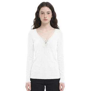 正流行 芭蕾风V领系带内搭外穿白色百搭上衣打底衫 BM新款 T恤长袖