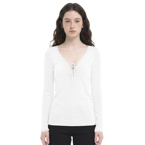 BM芭蕾风V领系带长袖T恤白色