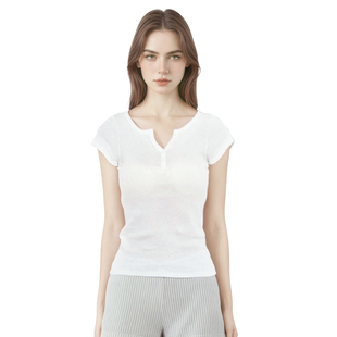 BM亨利领短袖T恤 美式竹节棉亲肤柔软修身纽扣百搭白色打底衫上衣