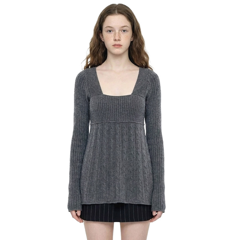 灰色麻花针织衫气质方领长袖