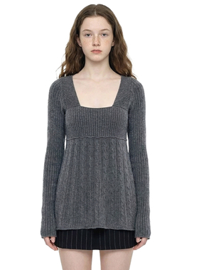 BM灰色麻花针织衫 气质方领长袖收腰显瘦百搭套头中长款毛衣上衣