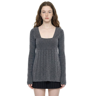 BM灰色麻花针织衫 气质方领长袖收腰显瘦百搭套头中长款毛衣上衣