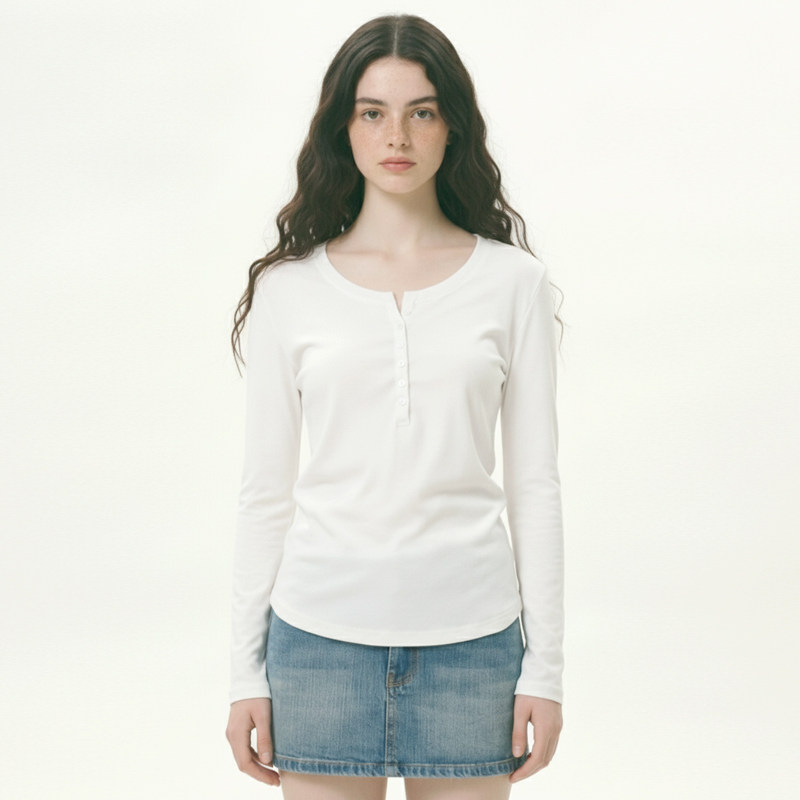 BM空气T恤 柔软亲肤简洁白色纽扣大领口圆领长袖中长款百搭上衣新