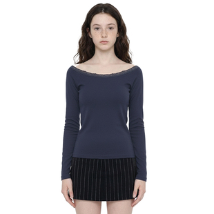 T恤蕾丝一字肩百搭打底衫 藏青色低圆领舒适弹力长袖 女 美式 BM上衣