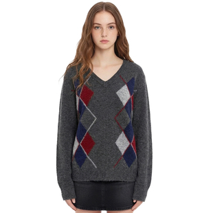 BM菱格纹毛衣 美式学院风复古撞色软糯保暖慵懒宽松灰色针织衫新