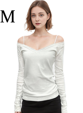 BM新款温柔风大V领蕾丝内搭白色简约高级舒适T恤基础百搭款打底衫