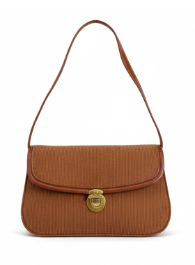 BM包包 复古灯芯绒单肩包女百搭法棍腋下包棕黄色锁扣手提小包新