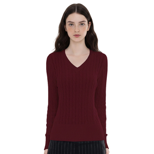 BM波尔多暗红色毛衣 女 2025秋冬氛围感气质显白麻花套头V领针织衫