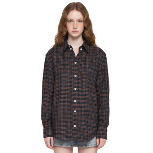 宽松棉质上衣衬衣外套 棕格子长袖 BM格纹衬衫 复古风欧阳娜娜同款