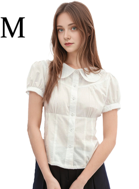 BM新款miu系上衣 JENNIE同款娃娃领泡泡短袖收腰系带甜妹衬衫上衣