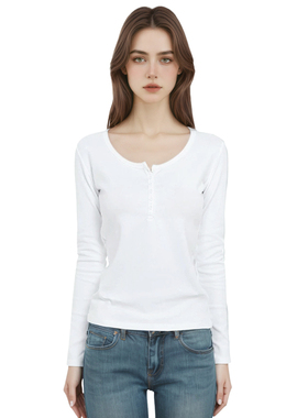 BM柔软空气亨利领T恤 美式六粒扣竹节棉白色修身简洁圆领长袖上衣