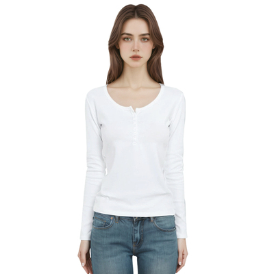 BM柔软白色竹节棉亨利领T恤