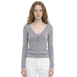 显瘦纯色打底衫 BM长袖 纯欲风花边V领系绑带修身 美式 叠穿上衣 T恤