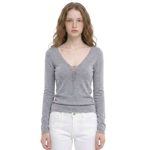 BM长袖T恤 美式纯欲风花边V领系绑带修身显瘦纯色打底衫叠穿上衣