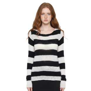 罩衫 针织宽松长袖 上衣外穿新 慵懒风马海毛薄款 BM条纹镂空针织衫