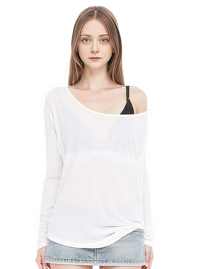 BM运动罩衫 赵露思同款大领口白色薄款早秋宽松网纱长袖T恤上衣新