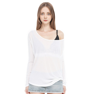 早秋宽松网纱长袖 大领口白色薄款 T恤上衣新 赵露思同款 BM运动罩衫