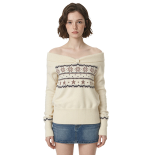 提花百搭甜美上衣新 女圣诞长袖 BM毛衣 费尔岛蝴蝶结一字肩针织衫