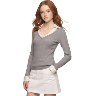 BM假两件针织衫衬衫领 复古高级感套头灰色修身V领收腰长袖打底衫